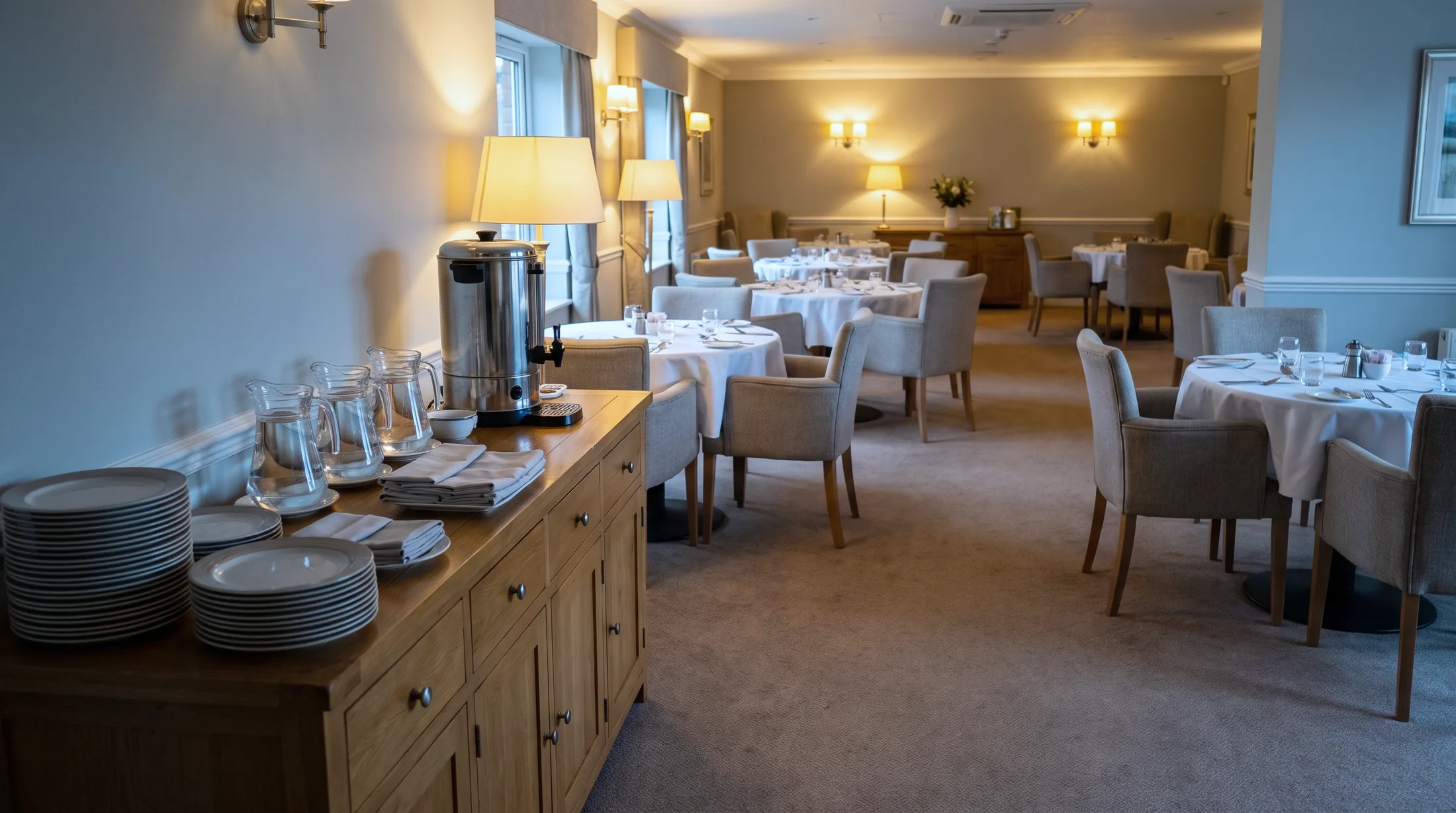 The dining room of a senior living community laid for a full service, plates and water jugs waiting on the sideboard station with nobody behind it