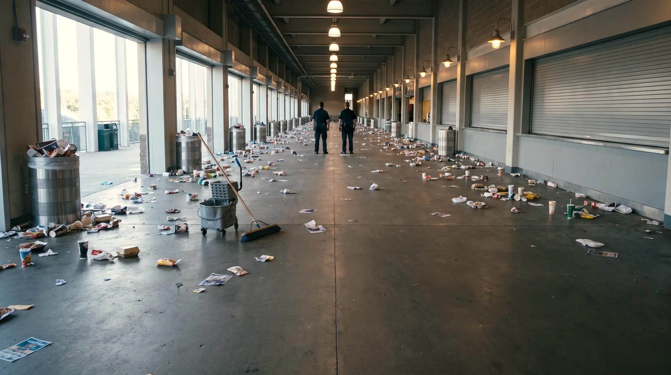 A stadium concourse in the cleanup window after a sold-out event, litter across the floor and bins overflowing, two cleaners small and far down it