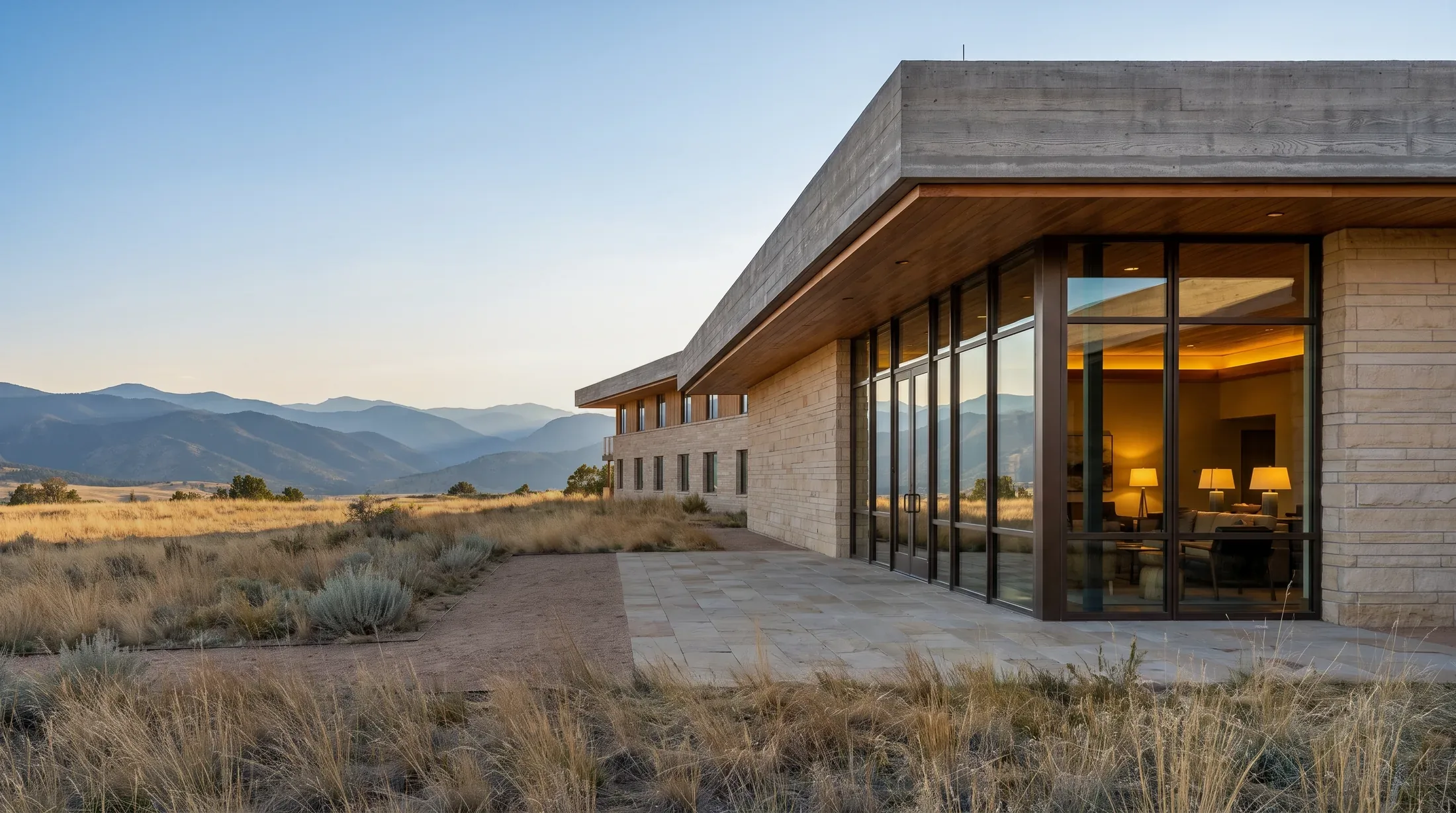 A low Front Range lodge wing in buff sandstone under a board formed concrete roof and timber soffit, a lounge lit warm gold behind its glass, dry prairie grass and layered foothills to the left.