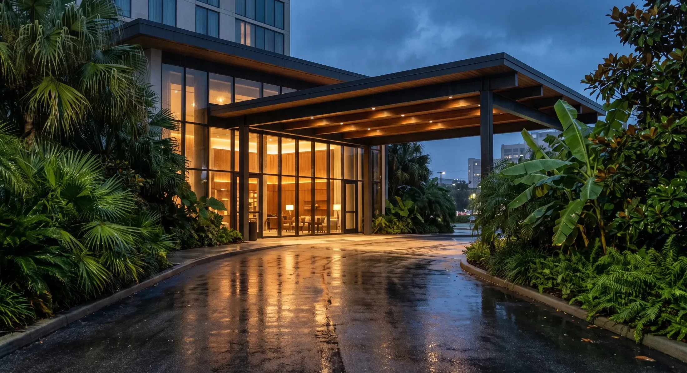 A hotel arrival canopy just after rain at blue hour, dense palmetto and banana leaf on both sides and warm lobby light reflected the length of the wet drive