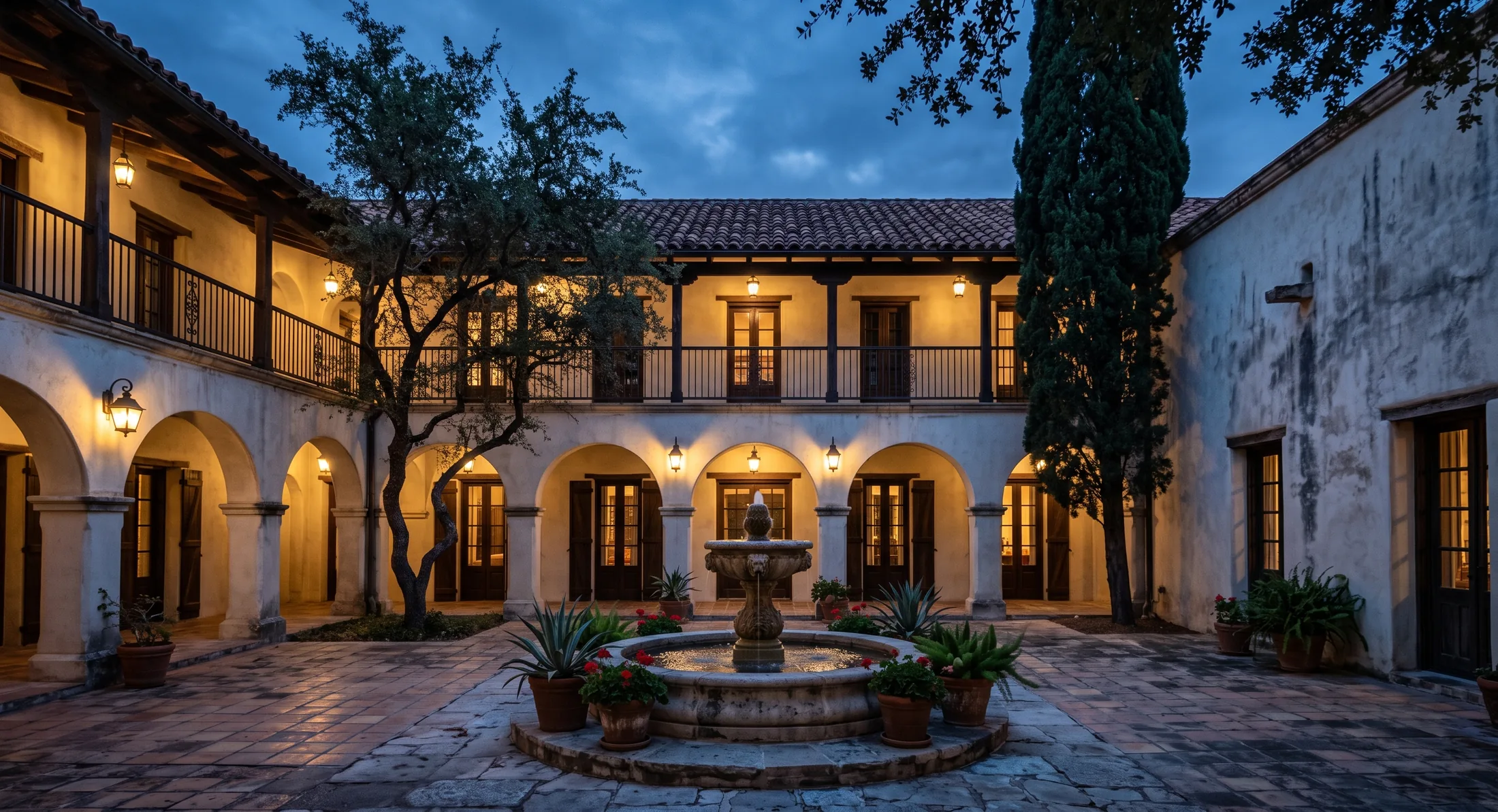 A walled Spanish colonial courtyard at blue hour, a stone fountain running under a live oak with lit arcades, iron balconies and a terracotta tile roof around it
