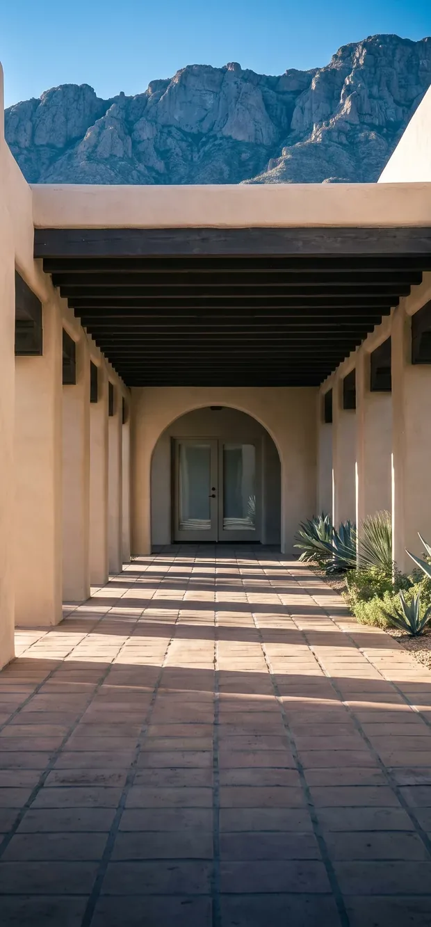 A shaded adobe arcade at a desert hotel seen down its length, dark timber beams over a sand stucco colonnade, an arched glass door at the far end, agave at the right and a granite mountain over the roofline