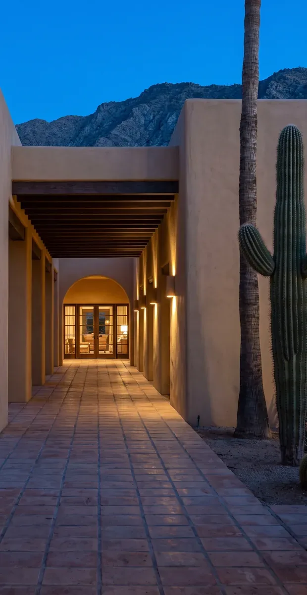 A covered adobe walkway at dusk, its timber beams and wall lights leading over terracotta tile to a glazed door with a lit room behind it, a saguaro and a palm at the right