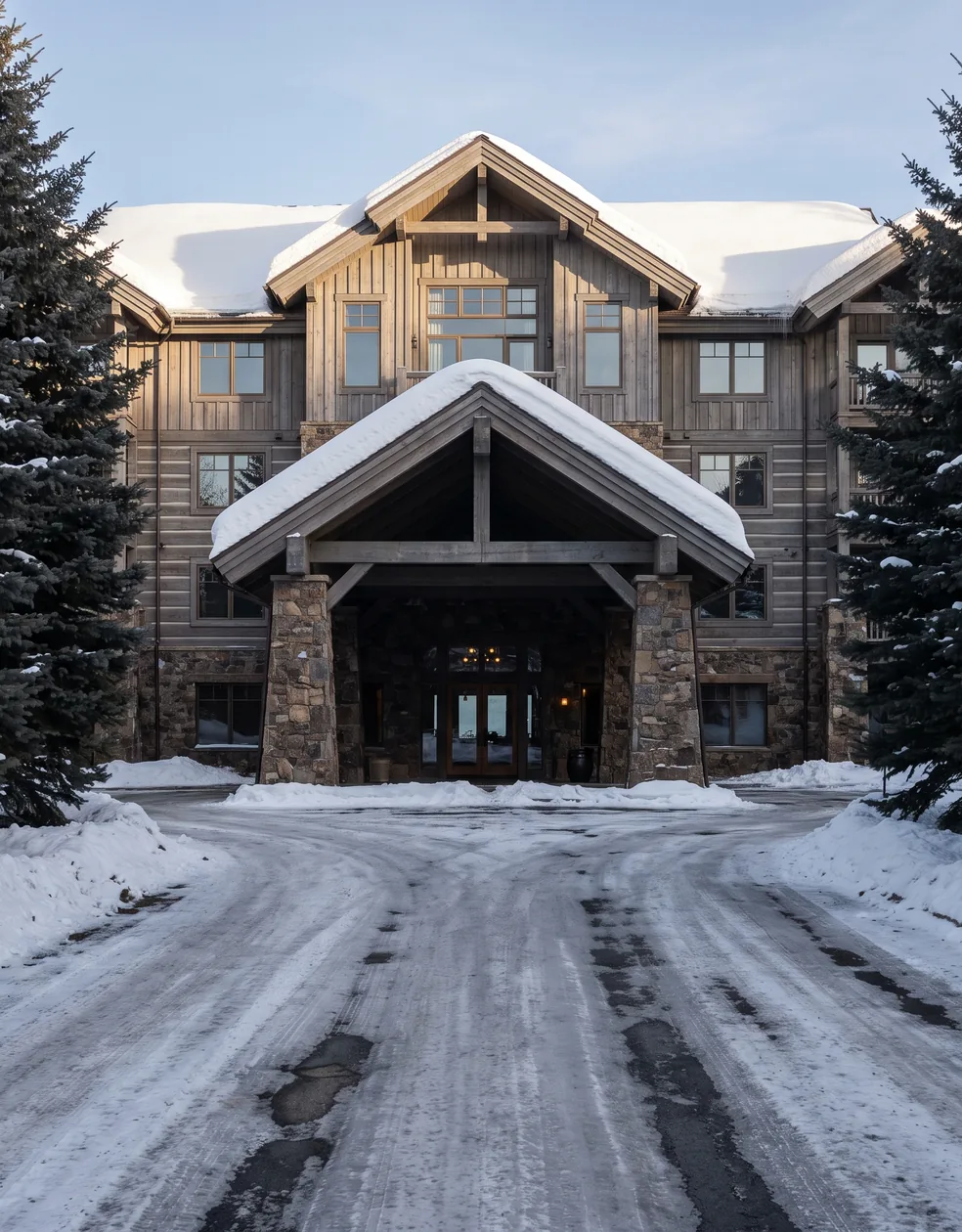 A timber and stone mountain lodge in winter, snow loaded roofs over three storeys of lit windows, a stone porte cochere with a lit chandelier, spruce closing both sides and a ploughed drive below