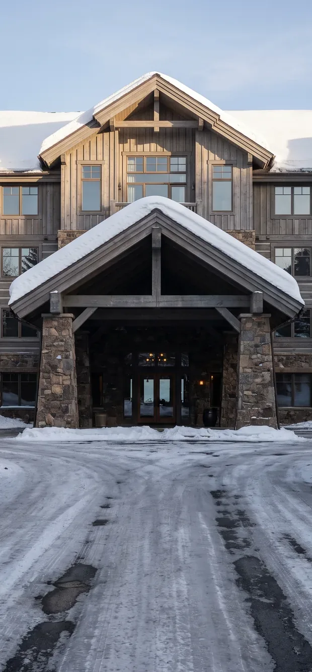 A timber and stone mountain lodge in winter, snow loaded roofs over three storeys of lit windows, a stone porte cochere with a lit chandelier and a ploughed drive through snow below