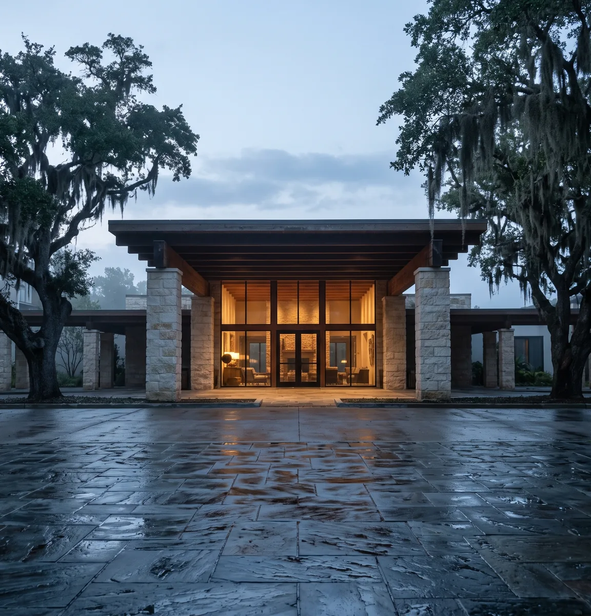 A stone and timber entrance pavilion at dawn, warm light behind full height glass between limestone piers, live oaks hung with moss on both sides and wet flagstone in front