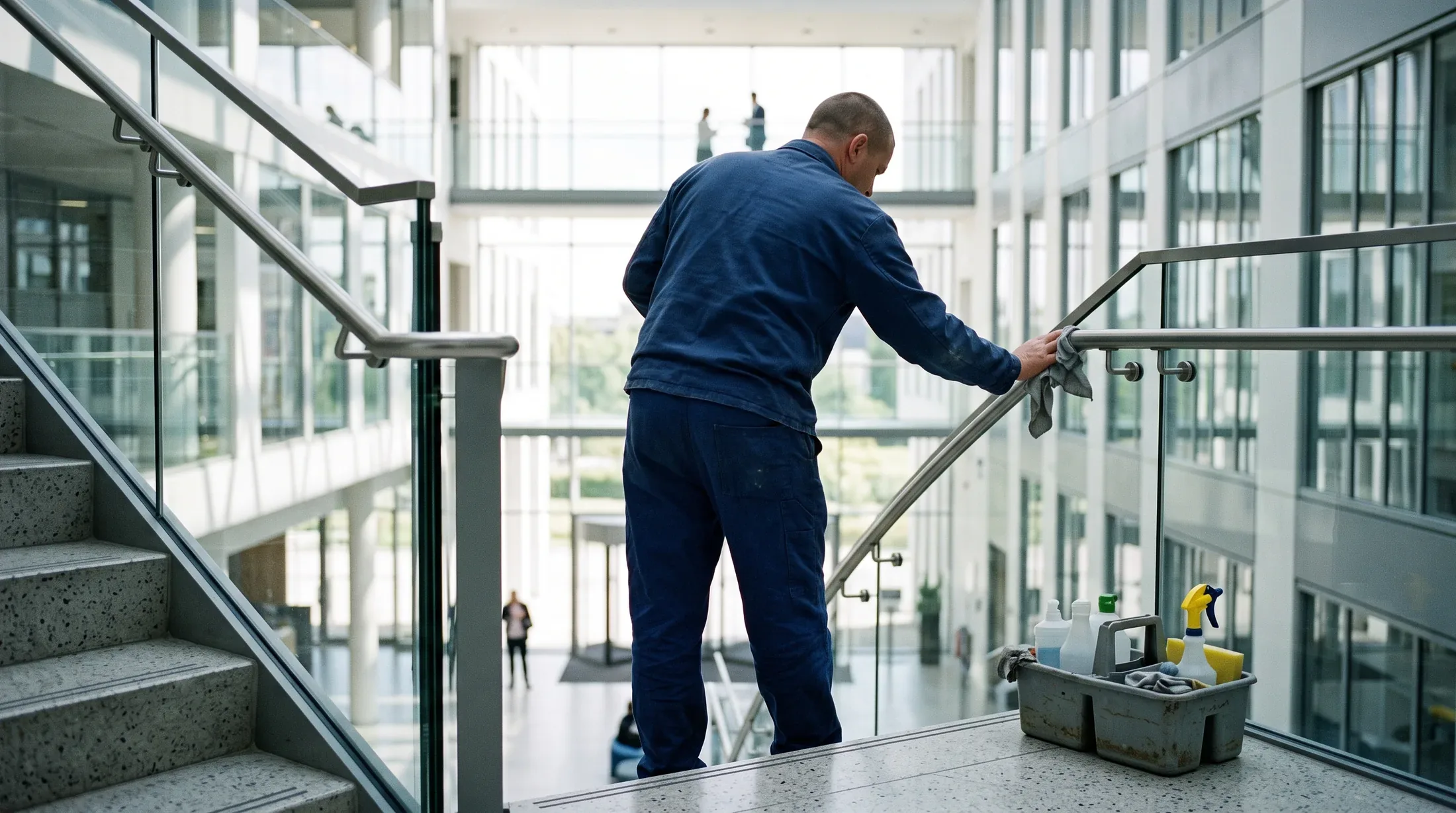 A cleaner wiping down a glass balustrade handrail on the upper landing of a daylit office atrium