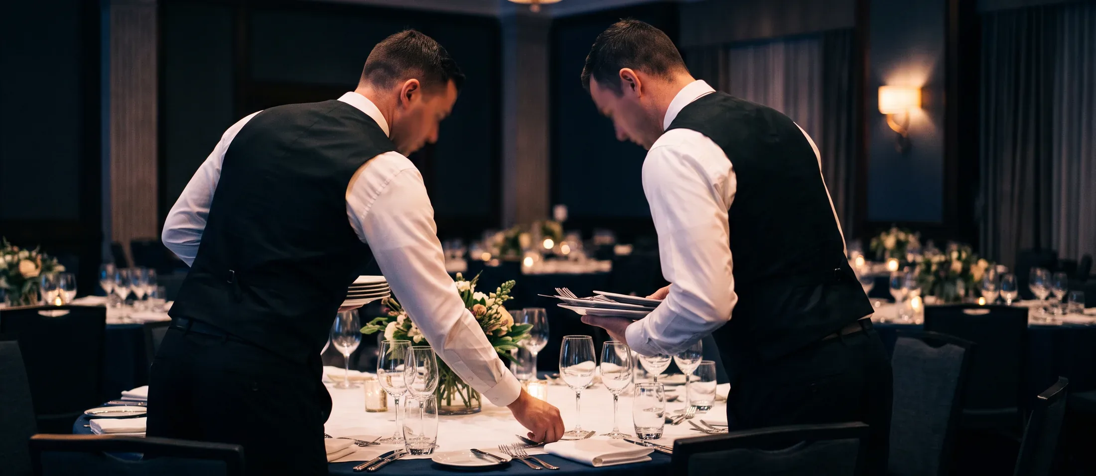 Two banquet servers in waistcoats working a dressed function room, one setting glassware and one carrying stacked plates past candlelit tables