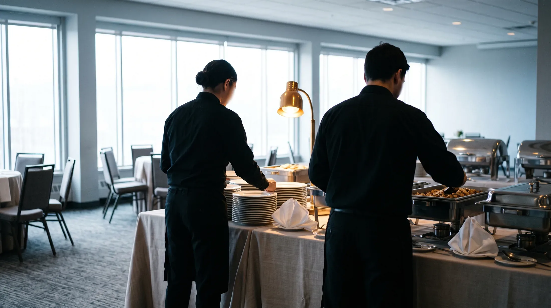 Two catering staff setting a buffet line with stacked plates, covered dishes and a heat lamp in a daylit function room