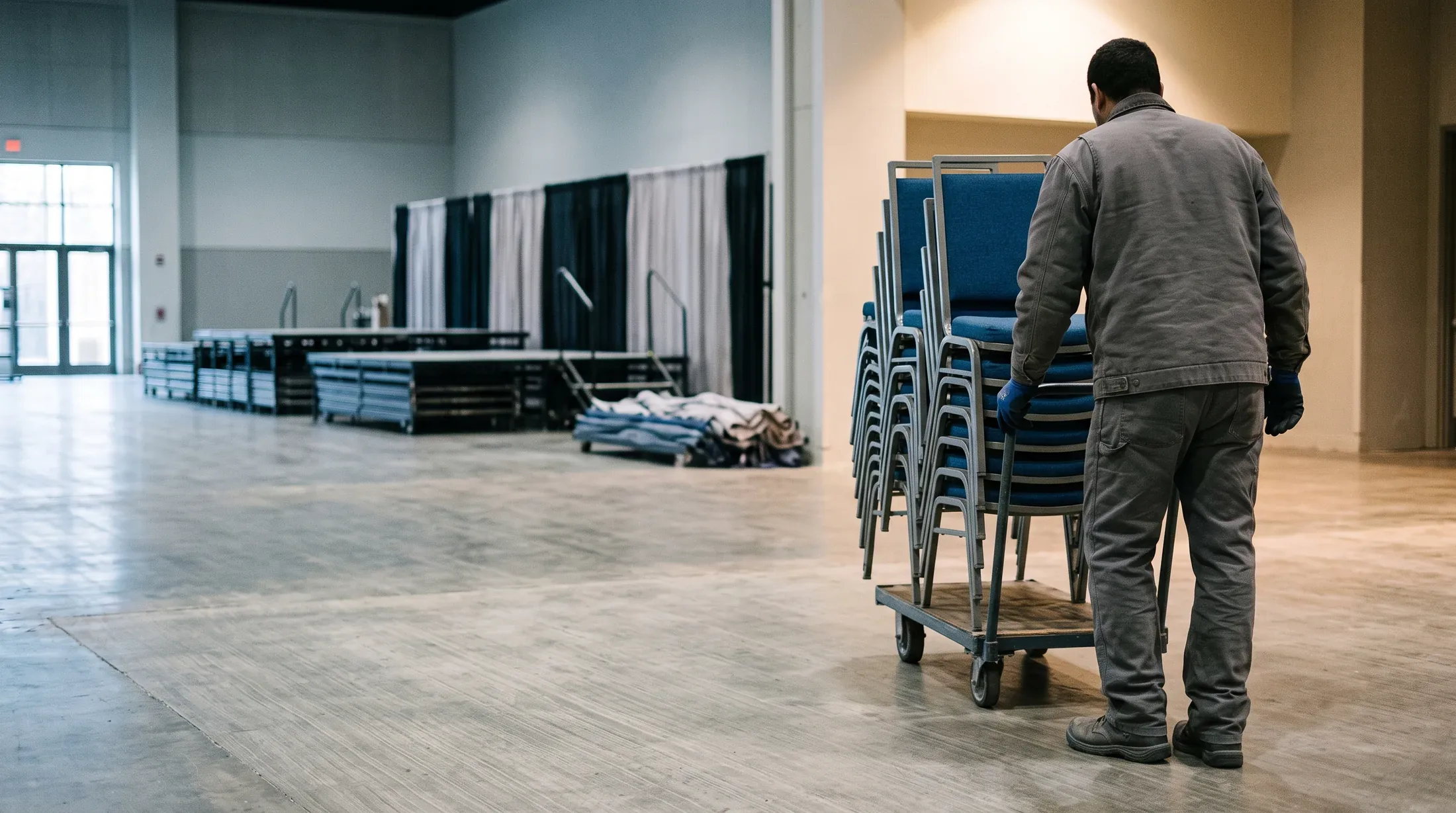 A crew member wheeling a trolley of stacked banquet chairs across a convention hall during load in