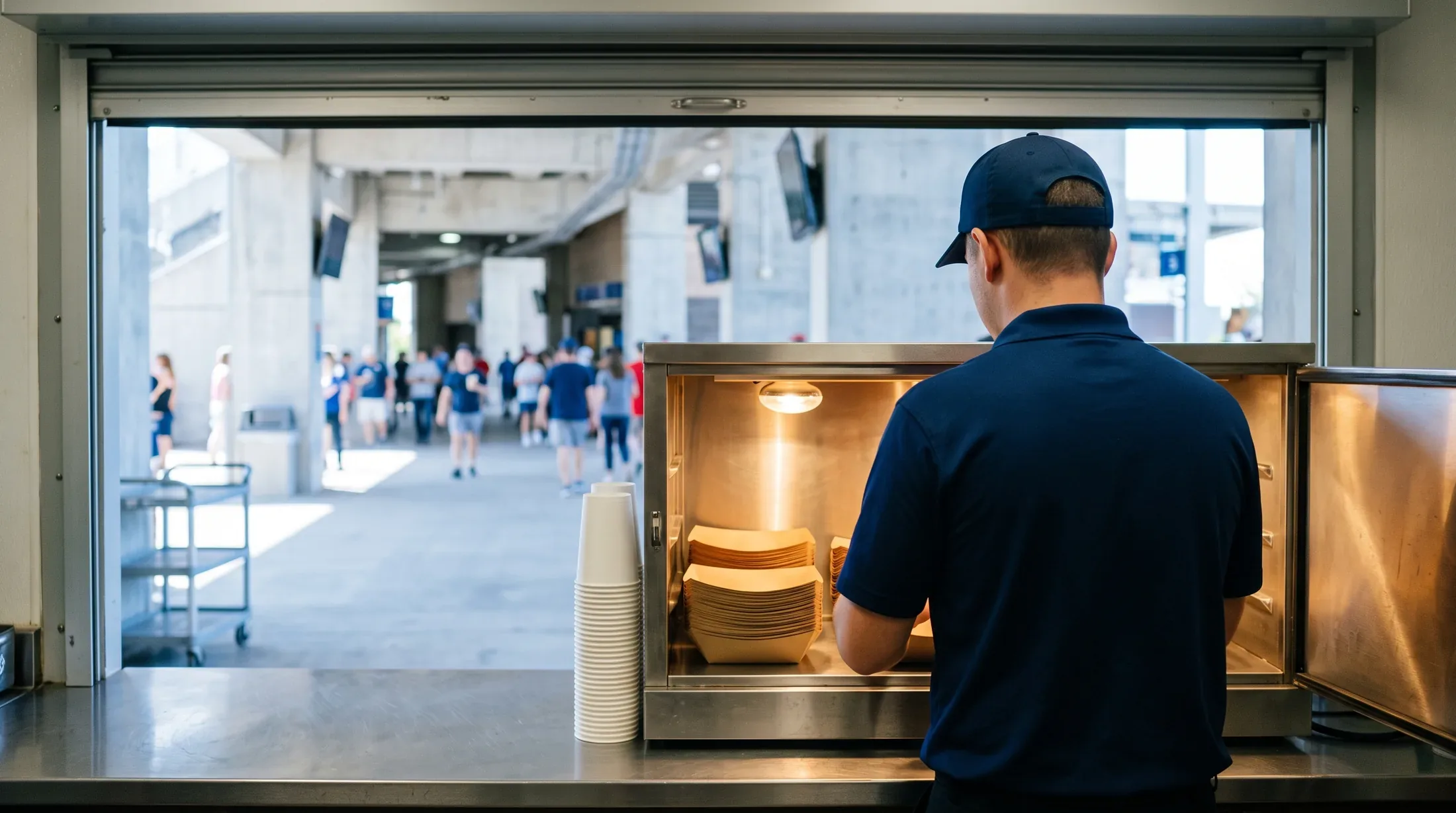 A concession attendant stocking a stadium concourse kiosk with trays and cups as a crowd passes on the concourse behind