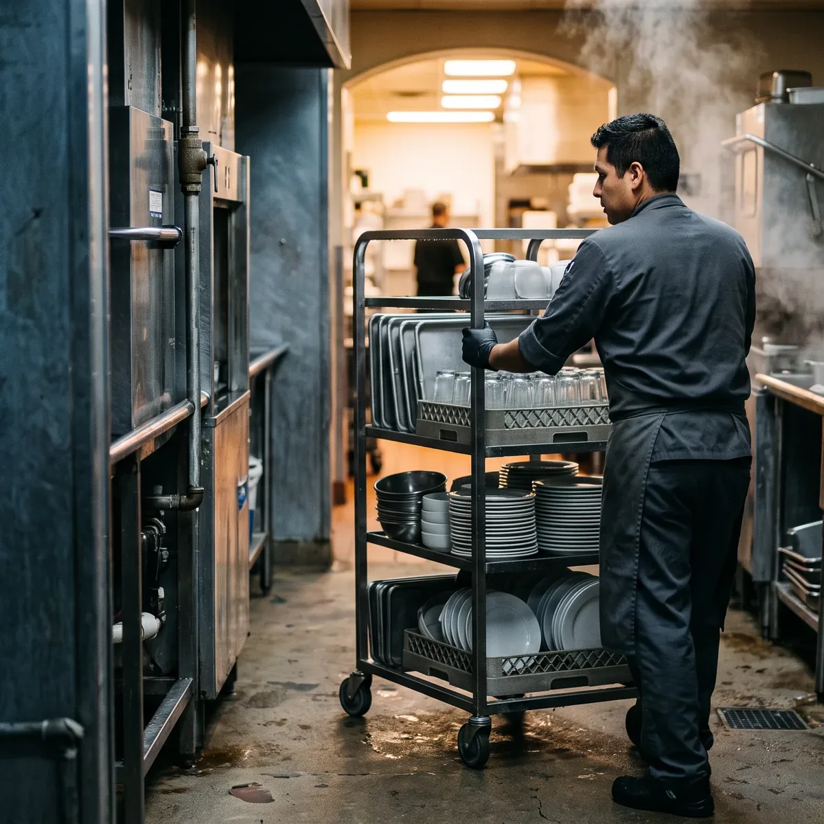 A worker moving a loaded plate rack through a steaming wash-up room
