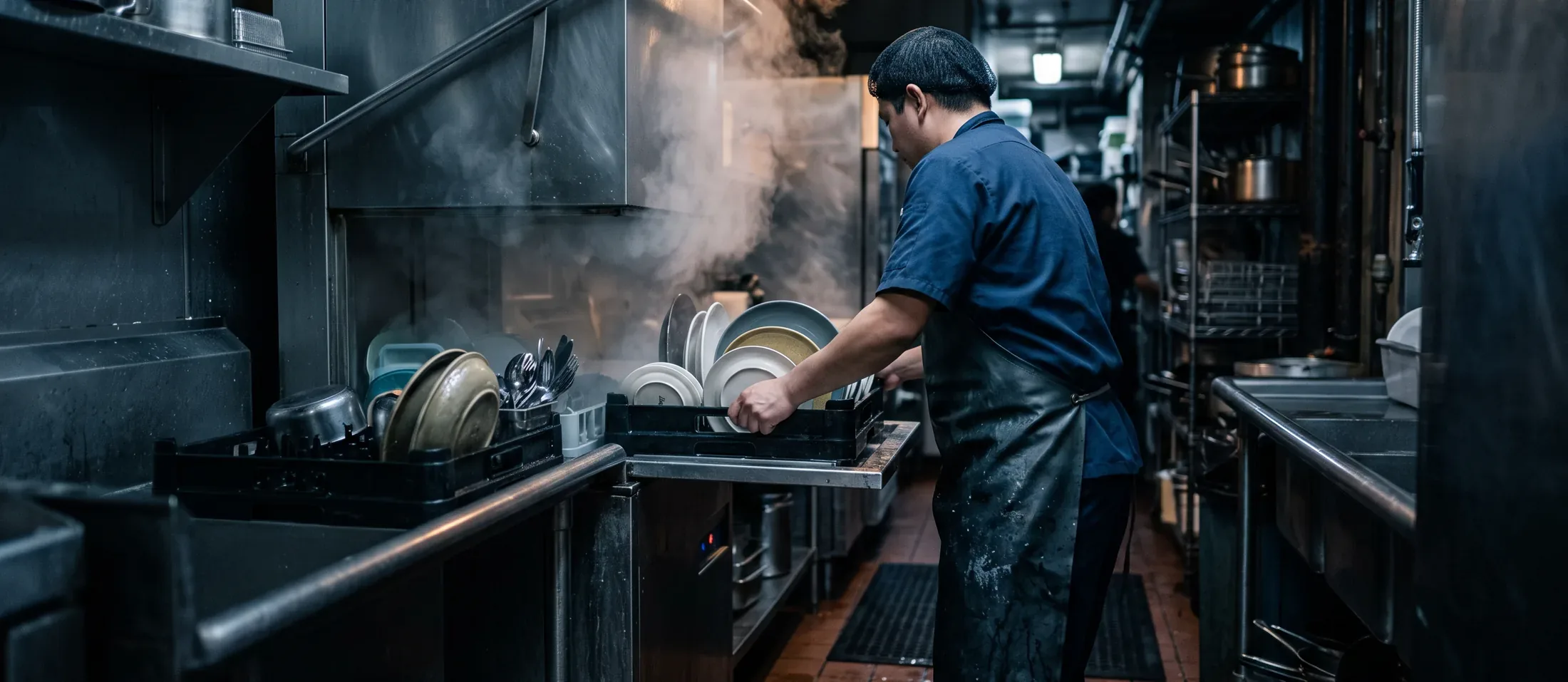 A worker loading a rack of plates into a dish machine in a steaming wash up room