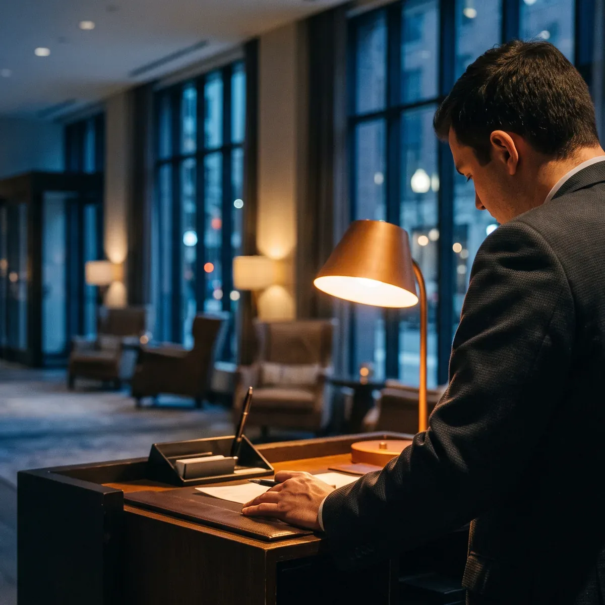 An agent working at a lit front desk in a hotel lobby after dark