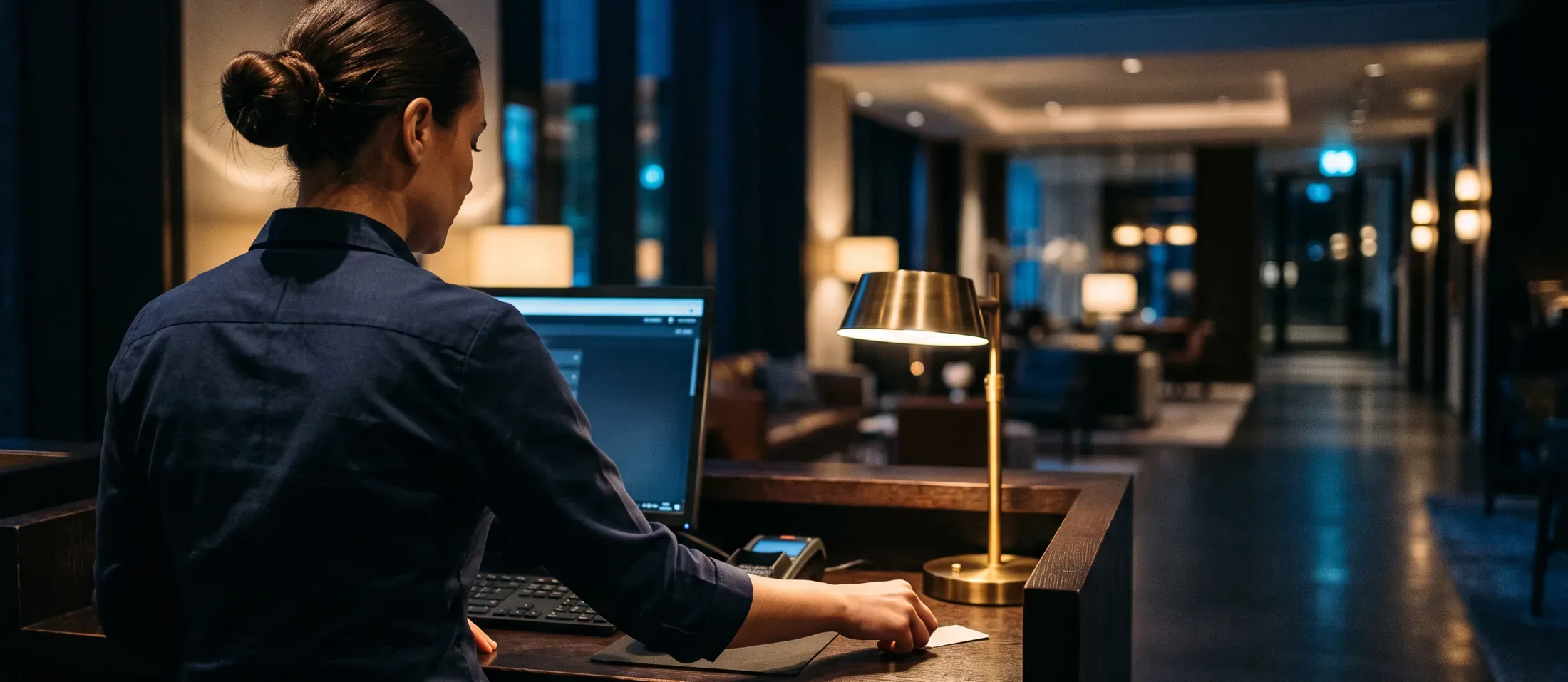 An agent working at a hotel reception counter under a brass desk lamp, the lobby dark behind