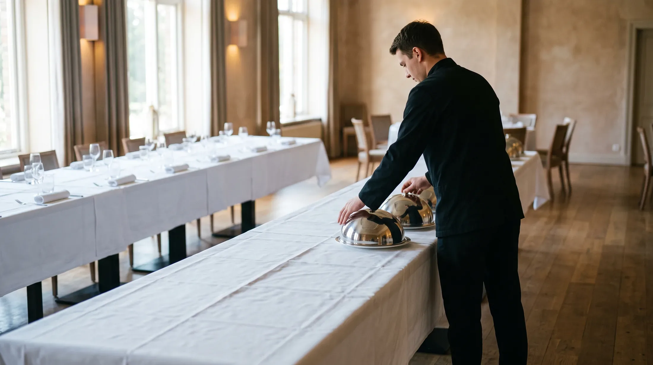 A catering server setting silver covers along a long linen dressed buffet in a function room