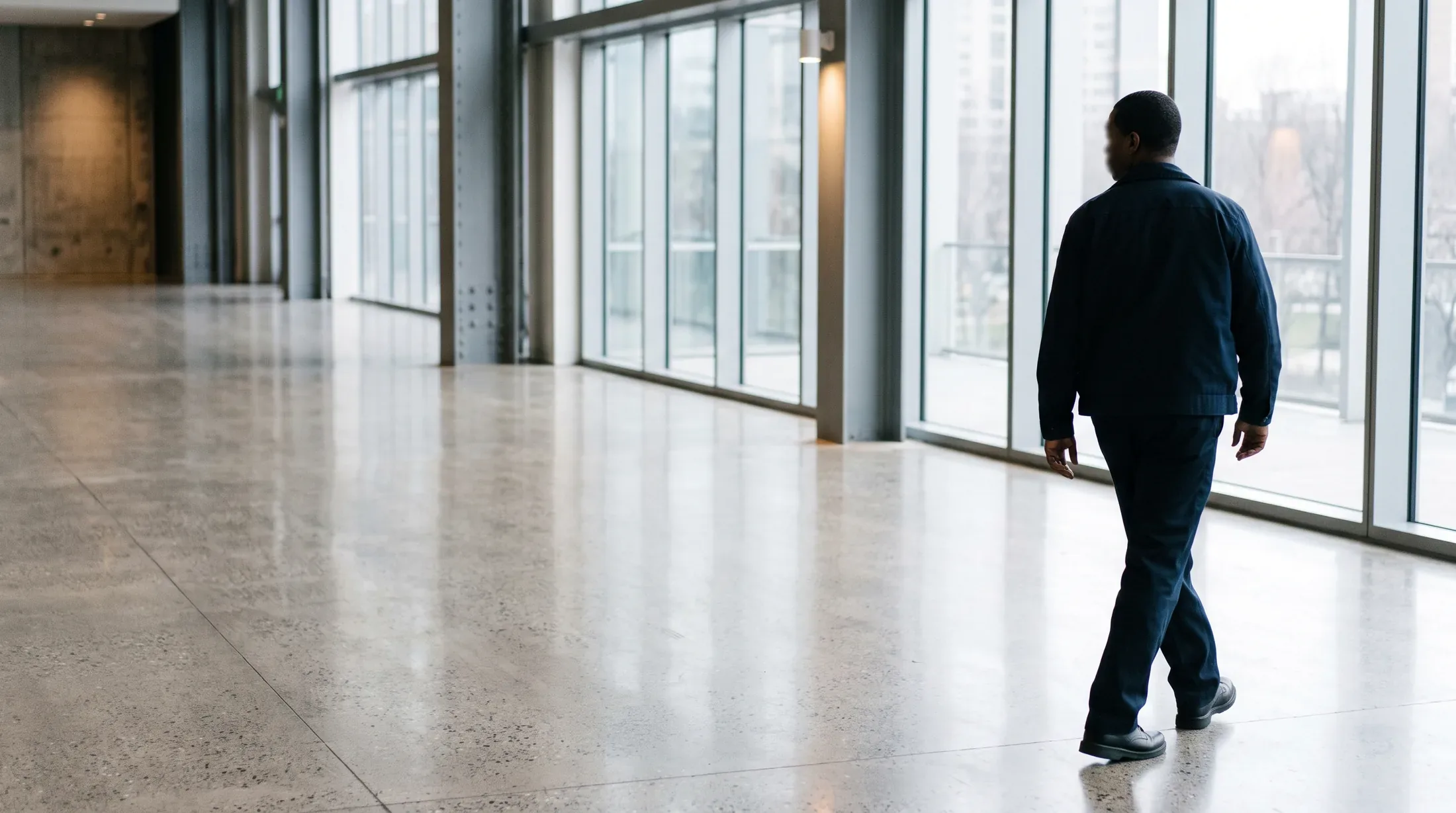 An officer walking a patrol along a daylit glazed interior concourse