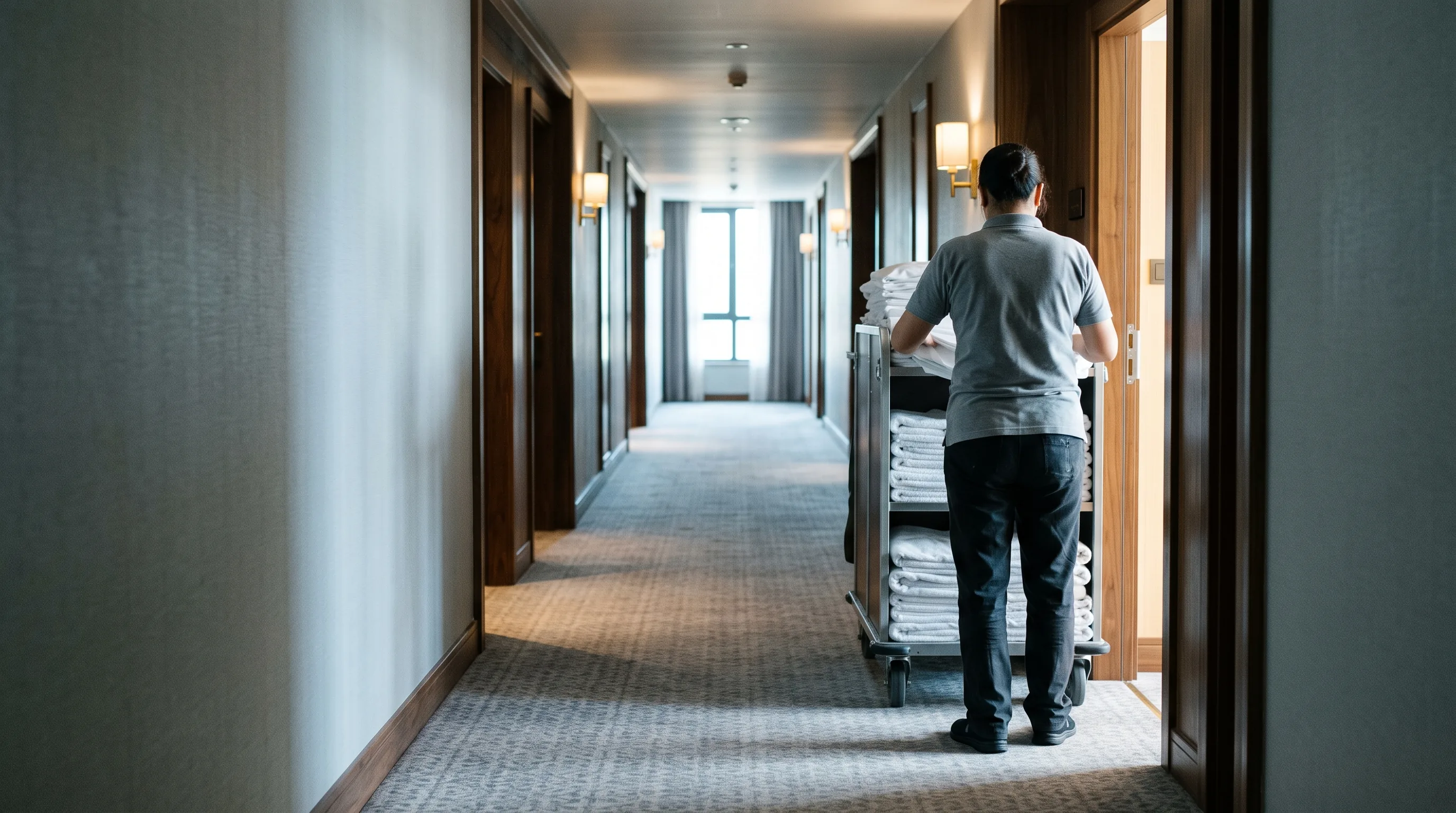 A housekeeper loading folded white linen onto a service cart in a daylit hotel guest corridor, the corridor running away behind her to a bright window
