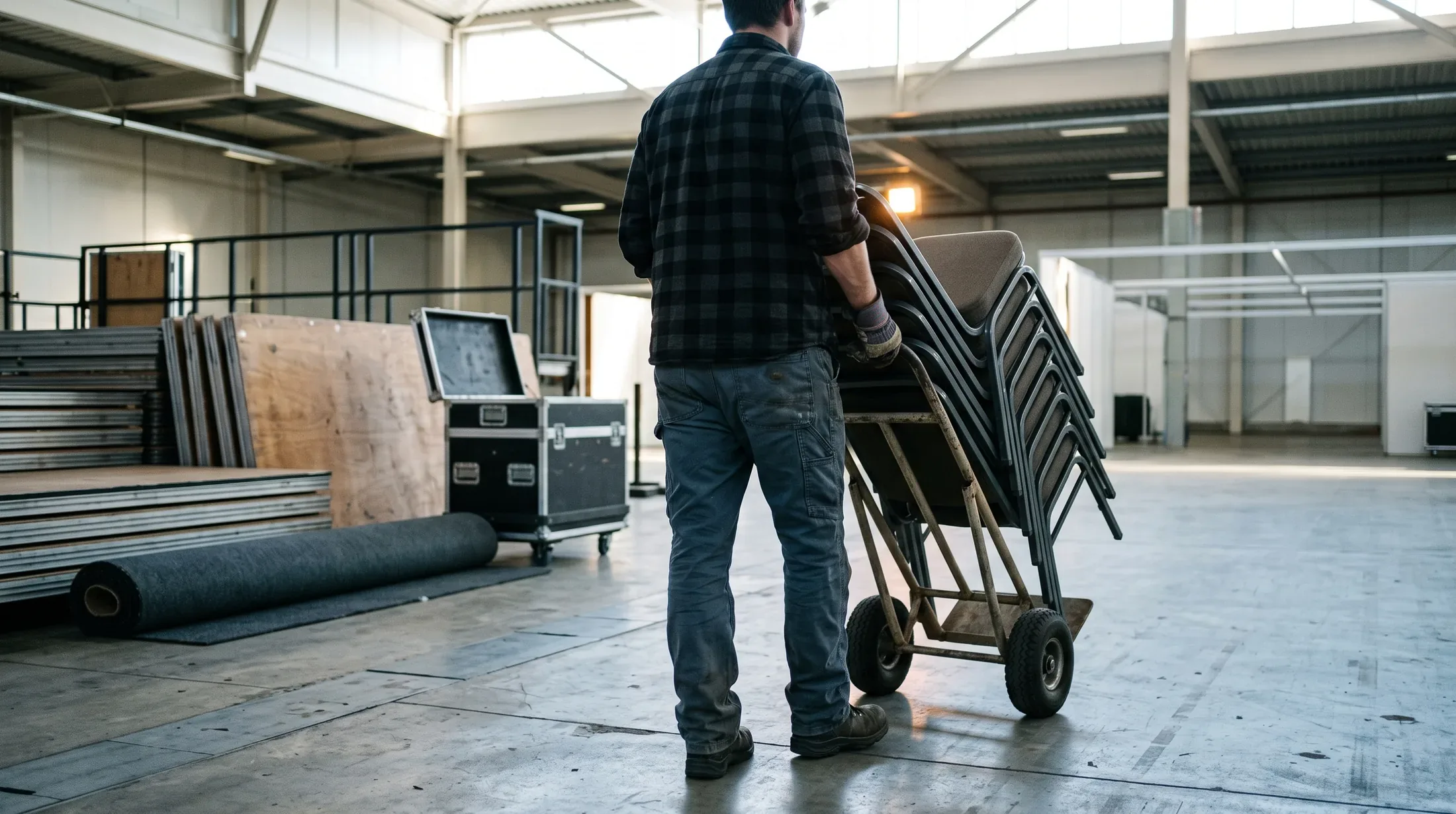 A crew member wheeling a stack of banquet chairs on a hand truck across an exhibition hall during load in, staging flats and flight cases behind