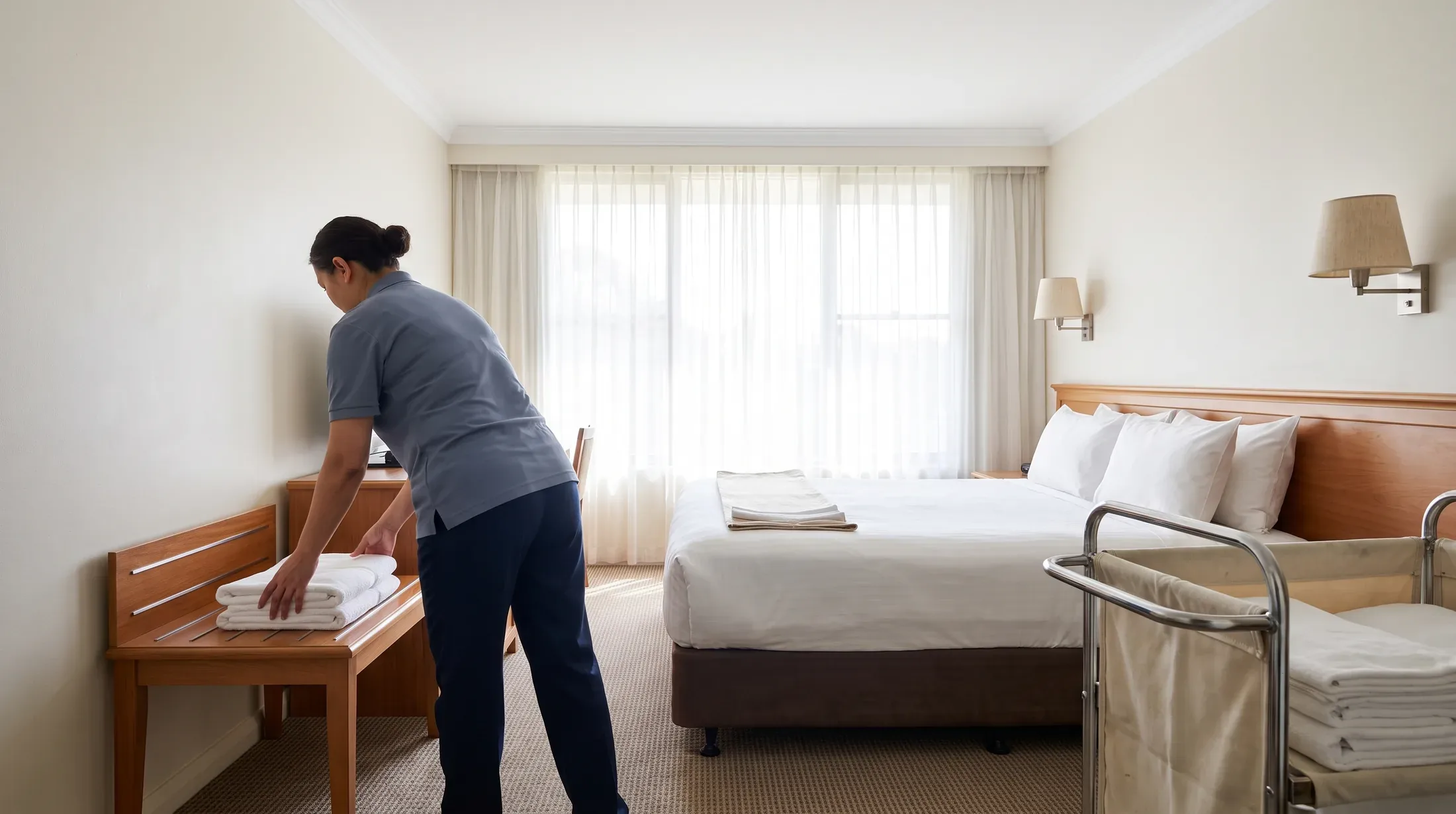 A hotel room attendant setting a stack of folded white towels down on the luggage bench of a freshly made guest room, her linen cart beside her and daylight coming through the window behind