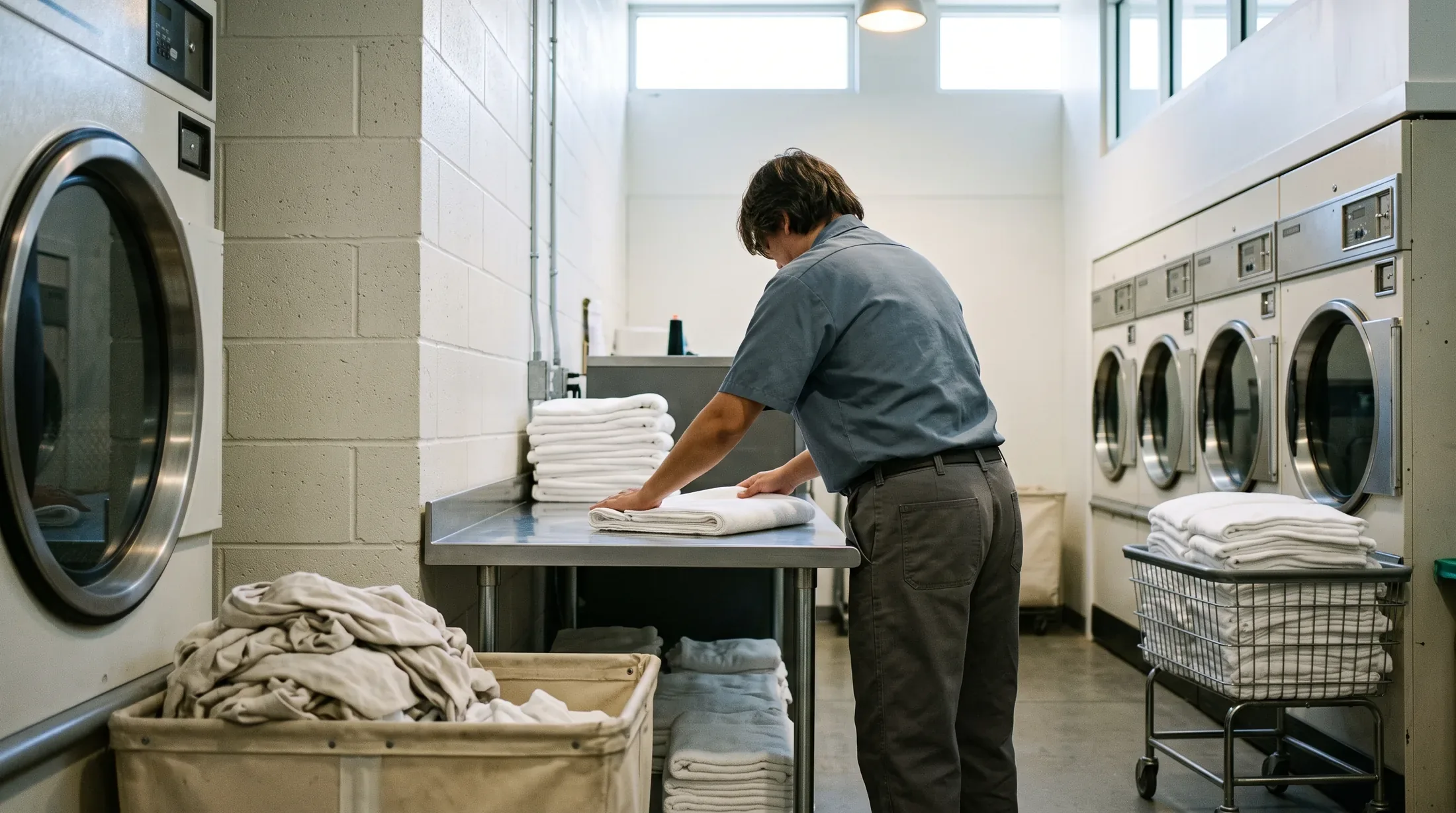 An attendant folding sheets at a stainless table in a commercial laundry, a row of washers and a basket of white linen behind