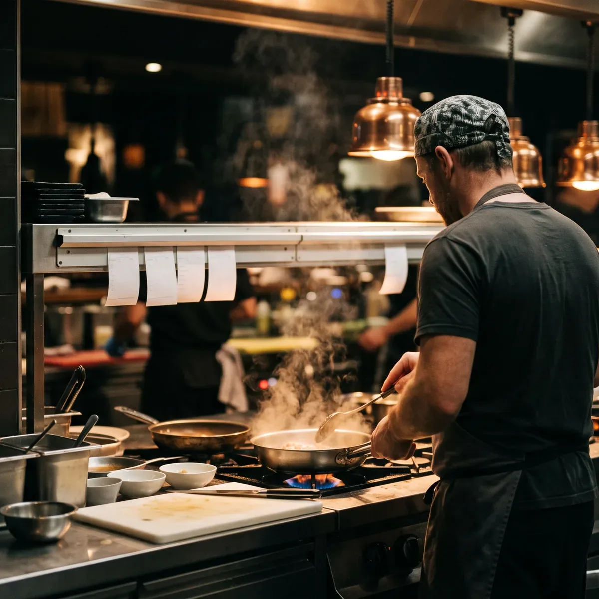 A cook working a hot line under copper lamps with pans on the range beside them