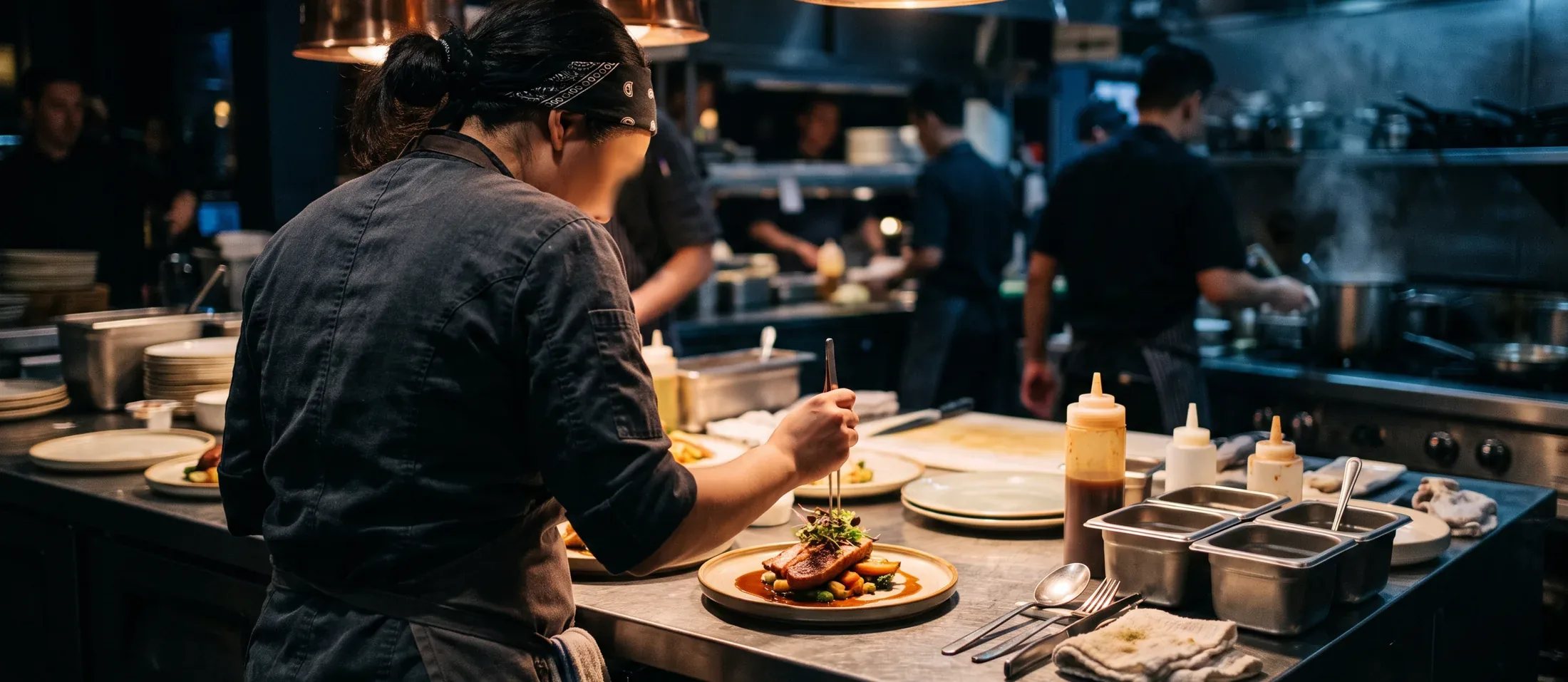 A cook plating a dish at the pass of a working kitchen line, squeeze bottles and stacked plates along the counter and the rest of the brigade behind