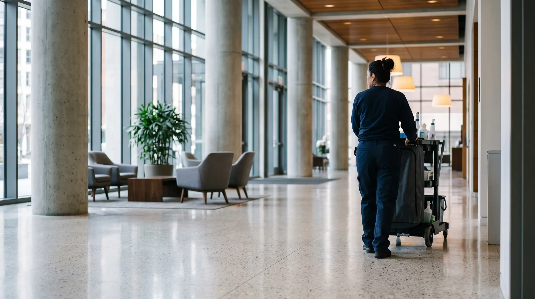 A cleaner pushing a stocked cleaning cart across the polished floor of a bright office lobby