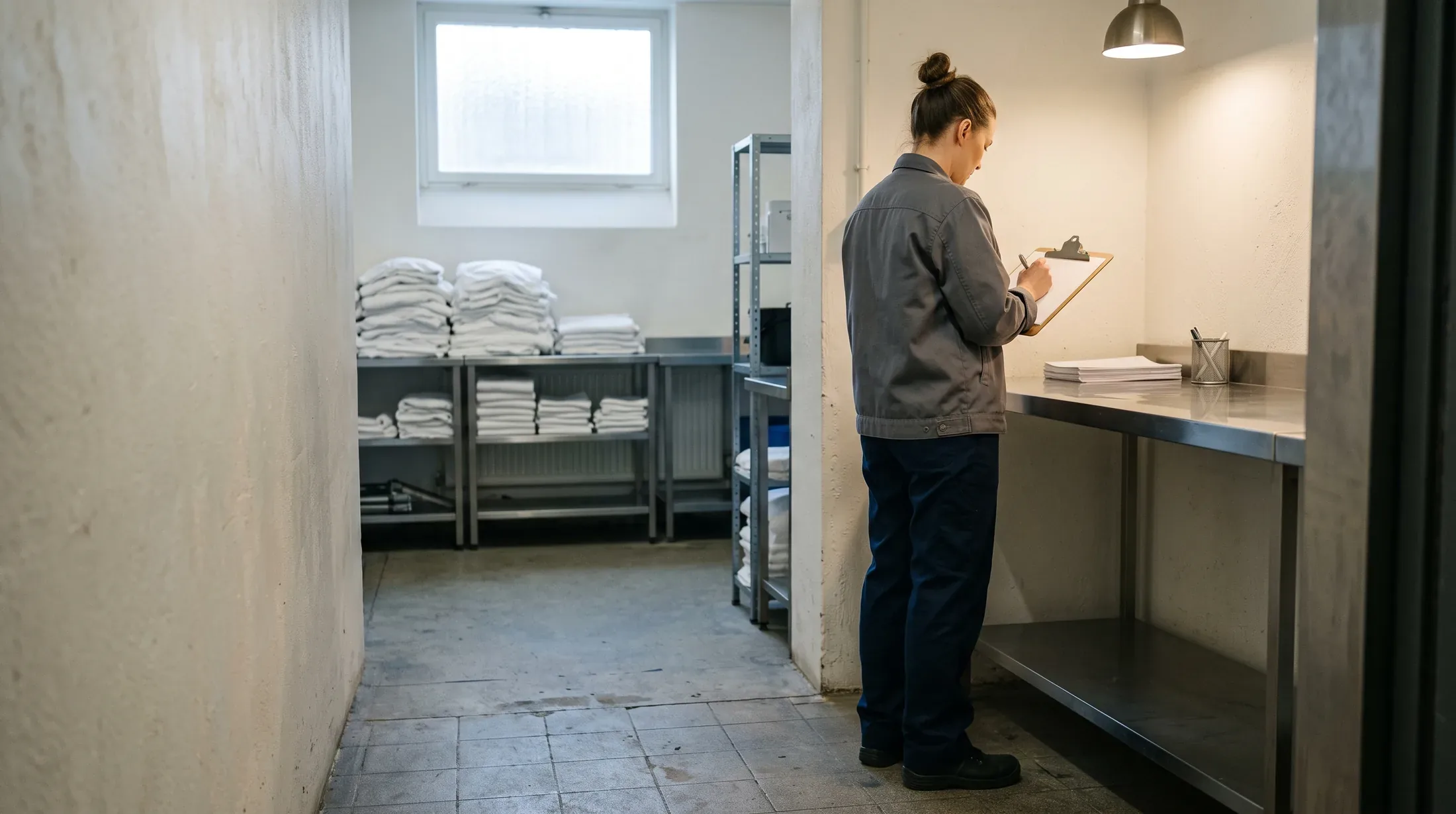 A worker in a grey work jacket standing at a stainless steel counter in a daylit back of house store, head down, writing on a clipboard