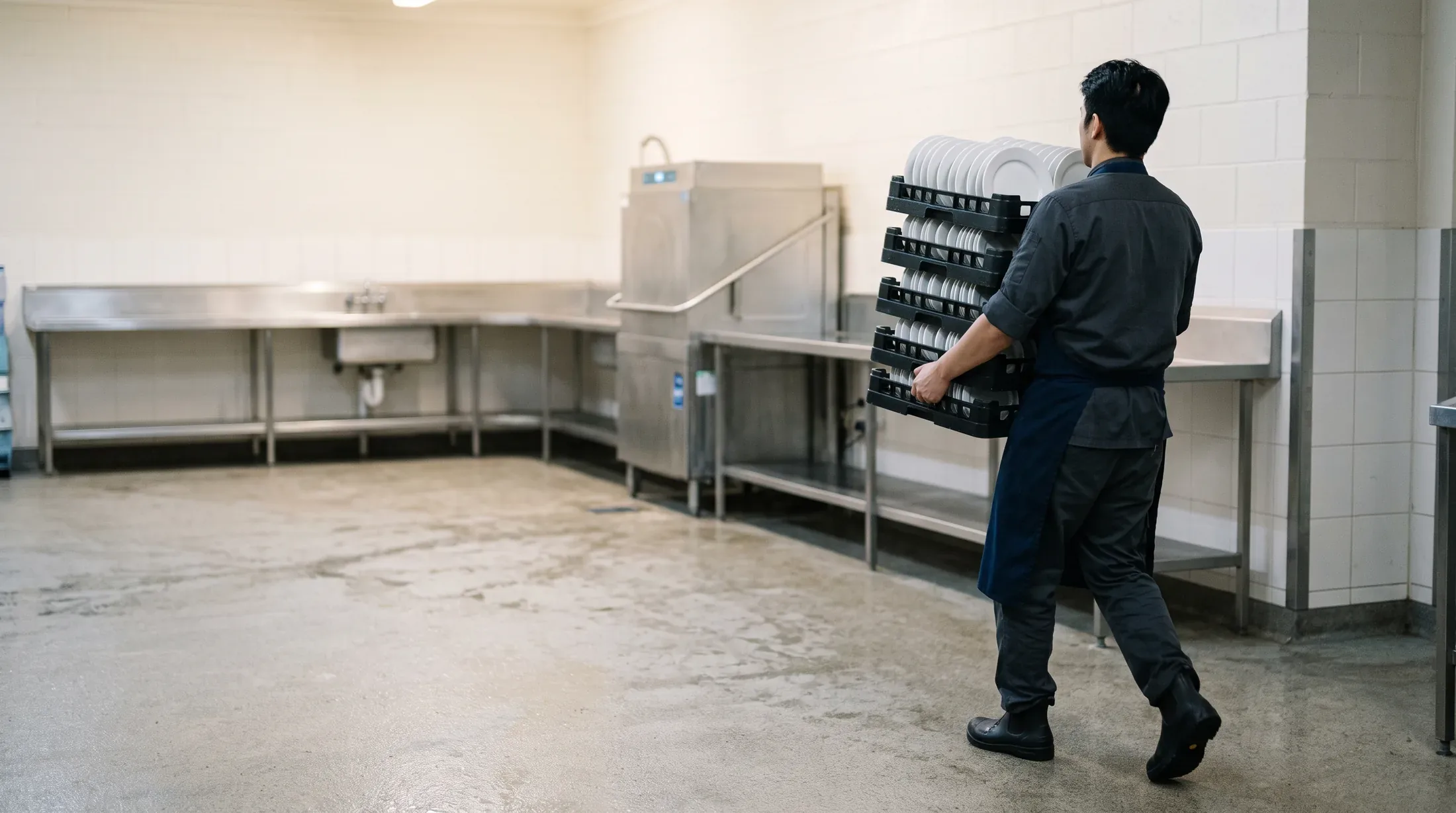 A worker carrying a stack of loaded plate racks across a bright stainless wash-up room