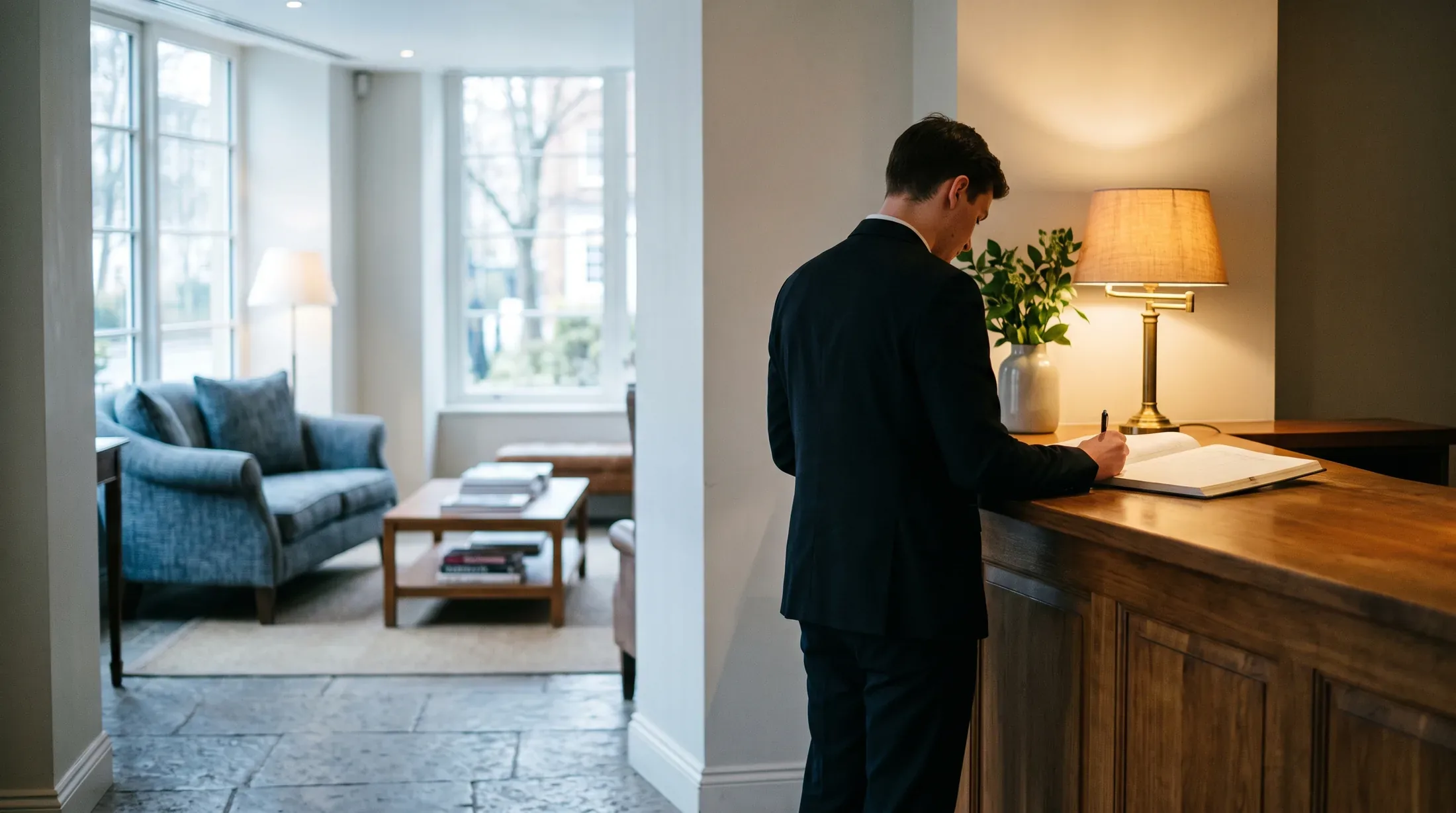 An agent writing in an open register at a timber hotel reception counter beside a lit desk lamp