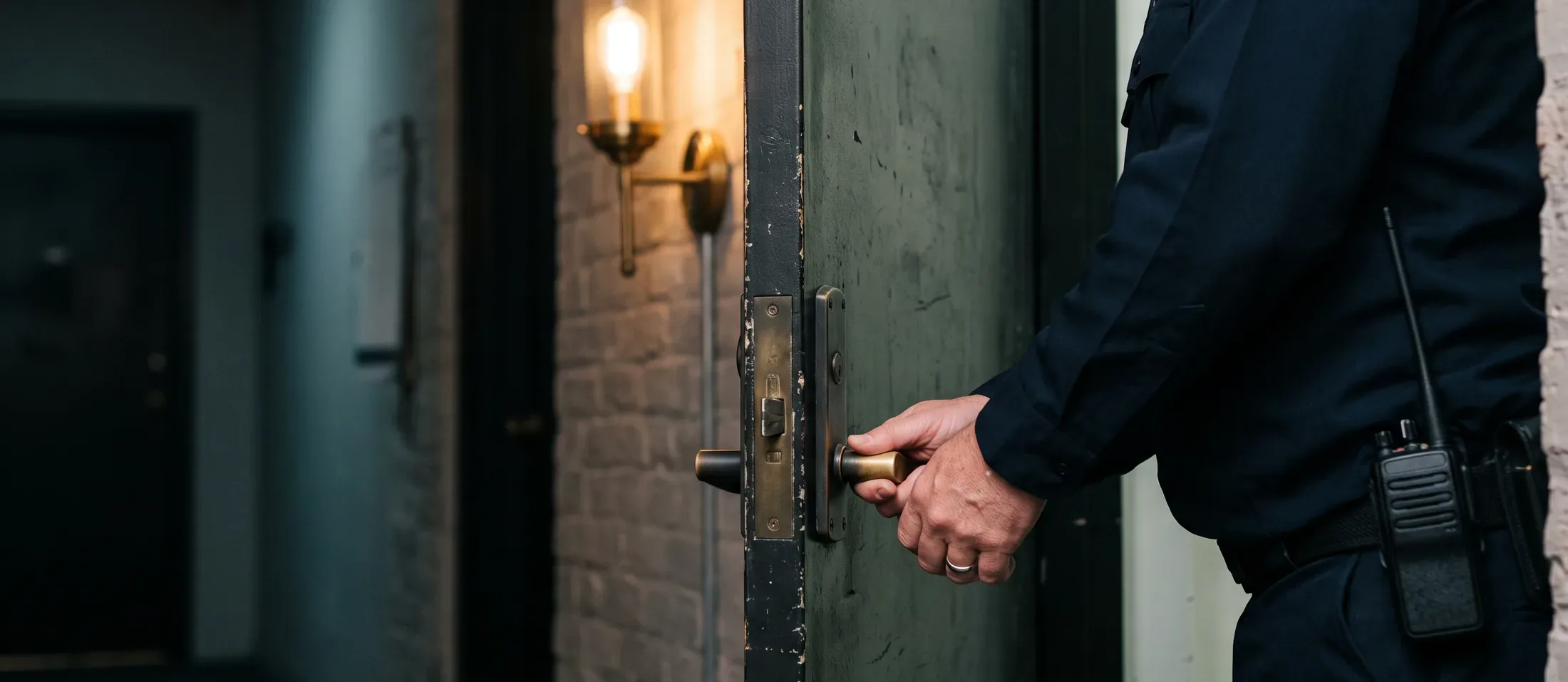 An officer in uniform with a radio on the belt opening a heavy service door at a property entrance
