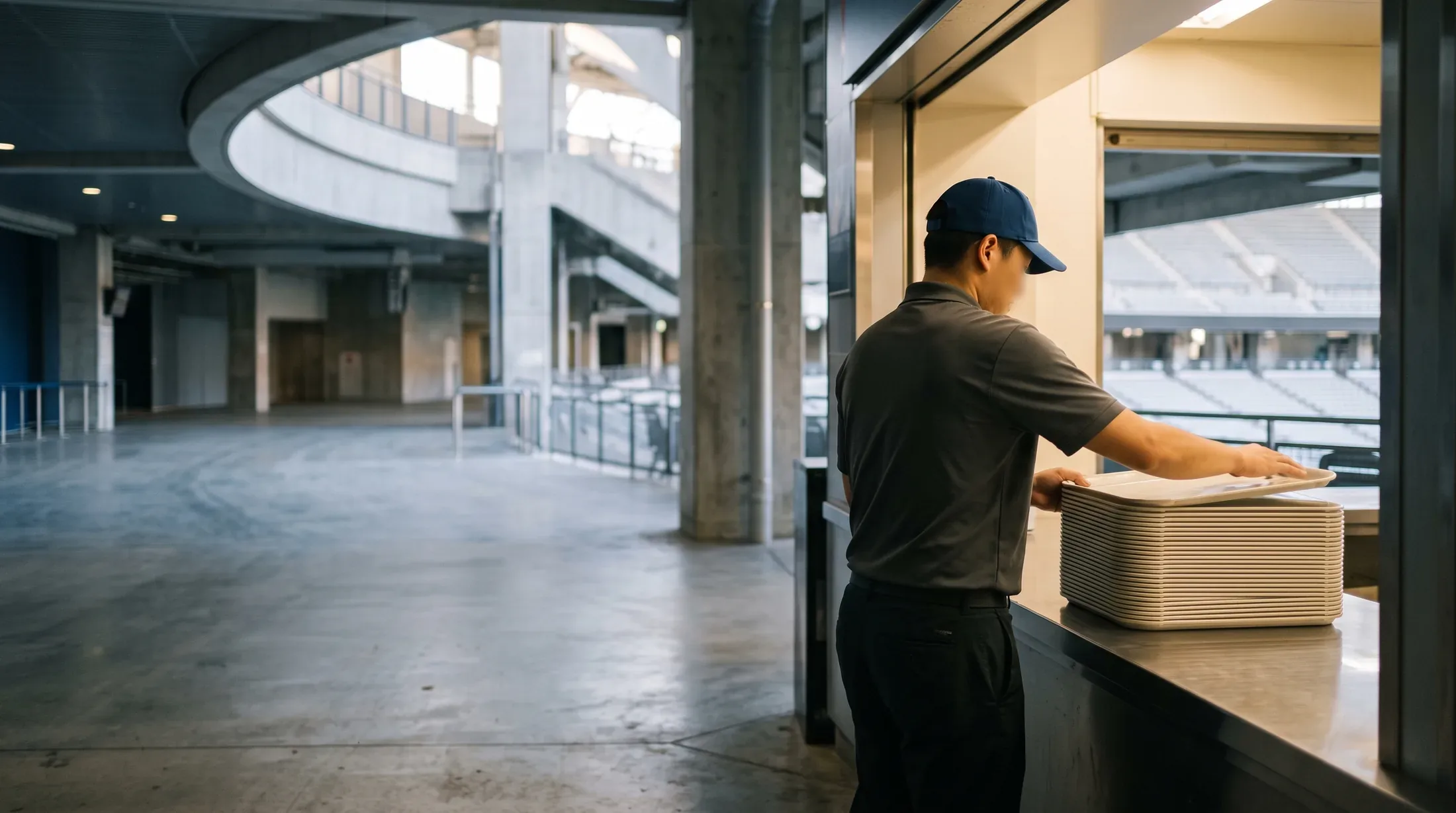 A concession attendant stacking trays on the counter of a stadium concourse stand before the gates open