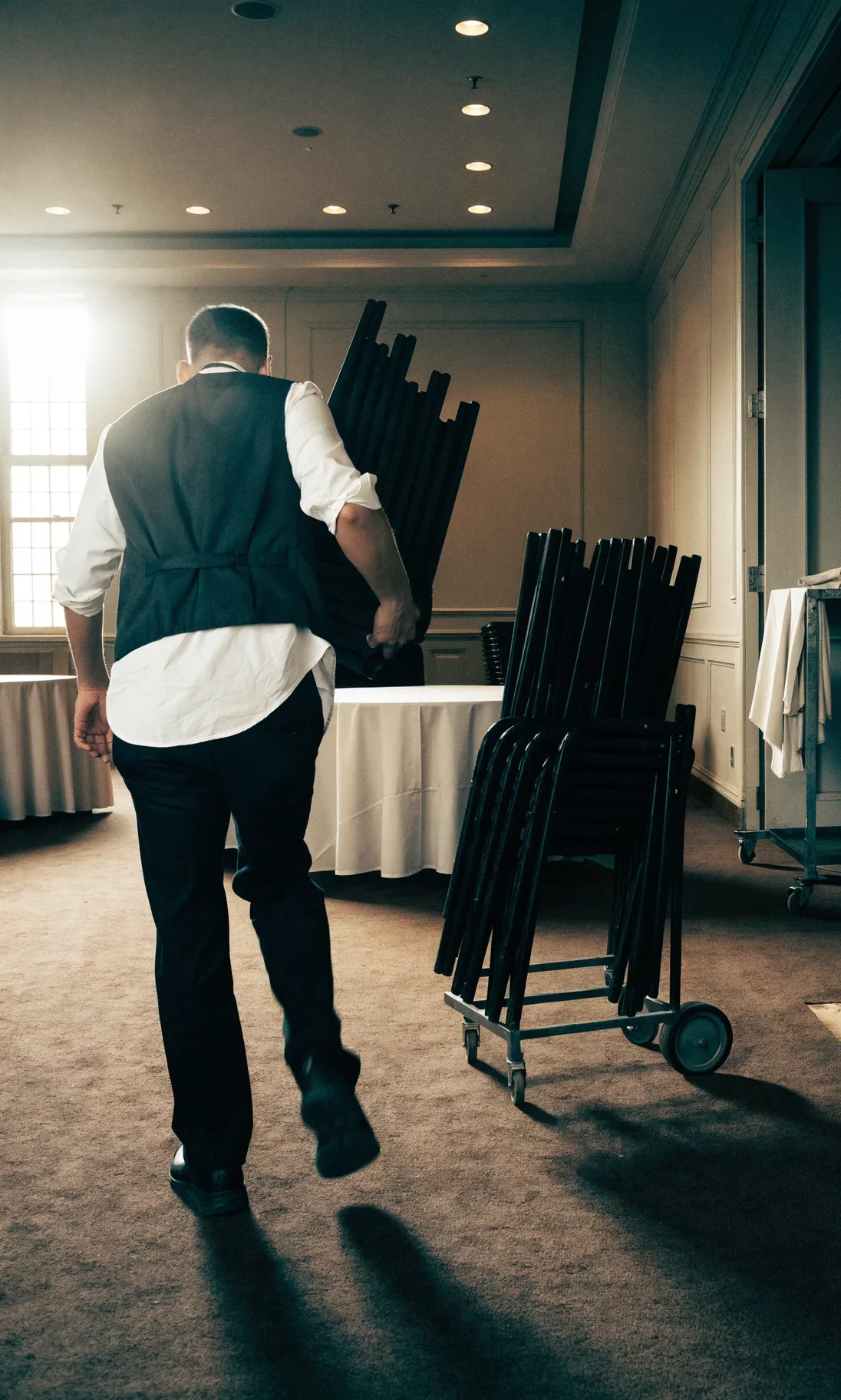A server carrying stacked folding chairs across a function room being reset