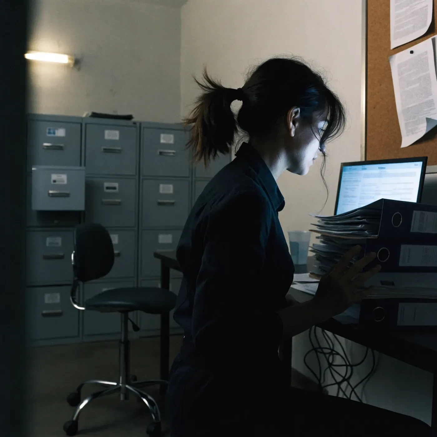 An administrator reading records at a desk in a hotel back office at night