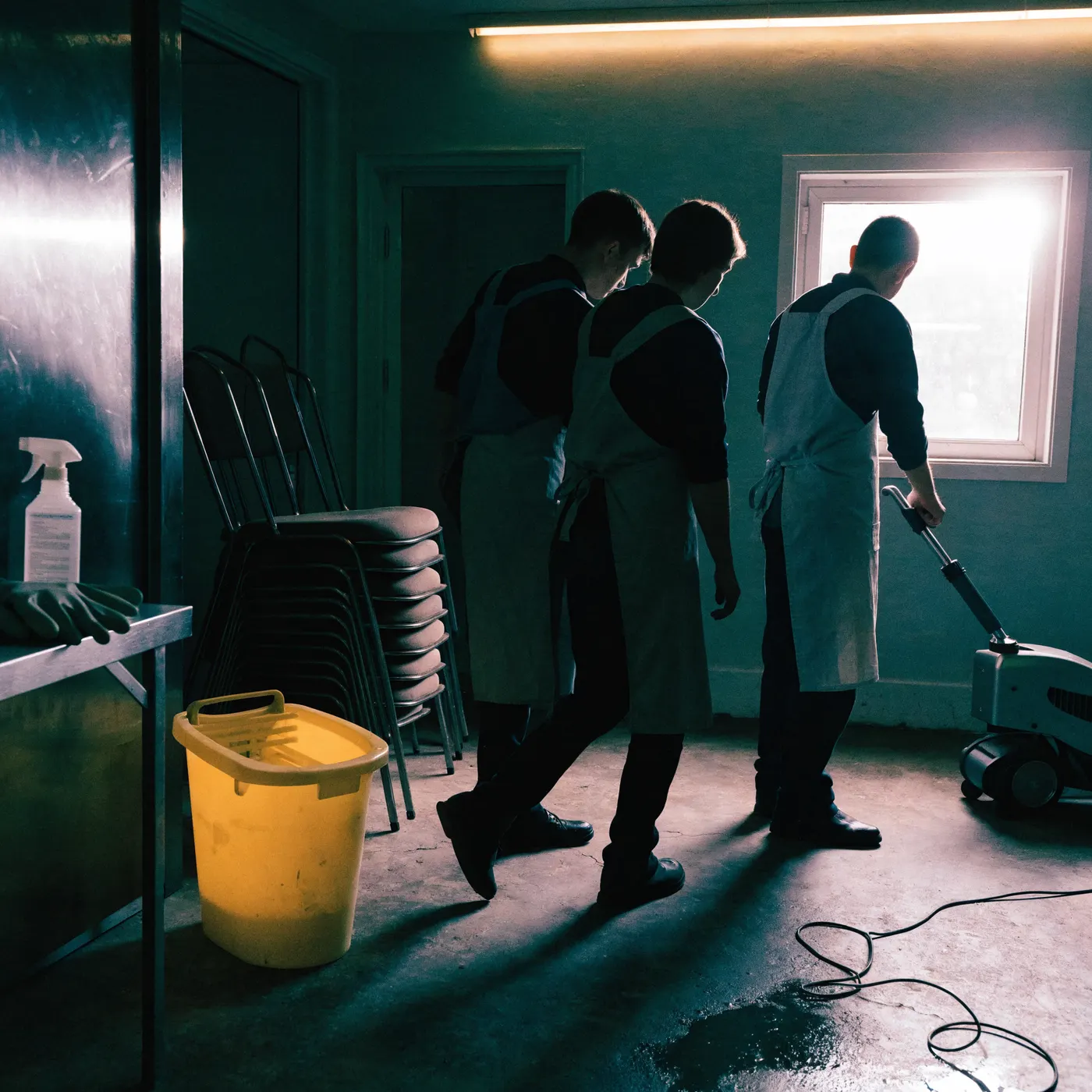 Staff watching a floor machine demonstration in a back of house prep room