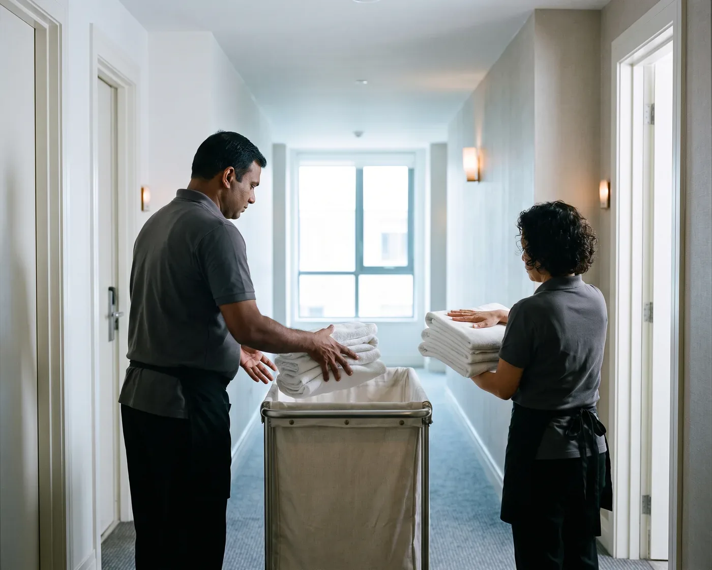 Two workers in grey polos and black aprons loading folded white towels onto a linen trolley in a pale guest corridor, daylight from a tall window at the far end and small wall lamps down both sides