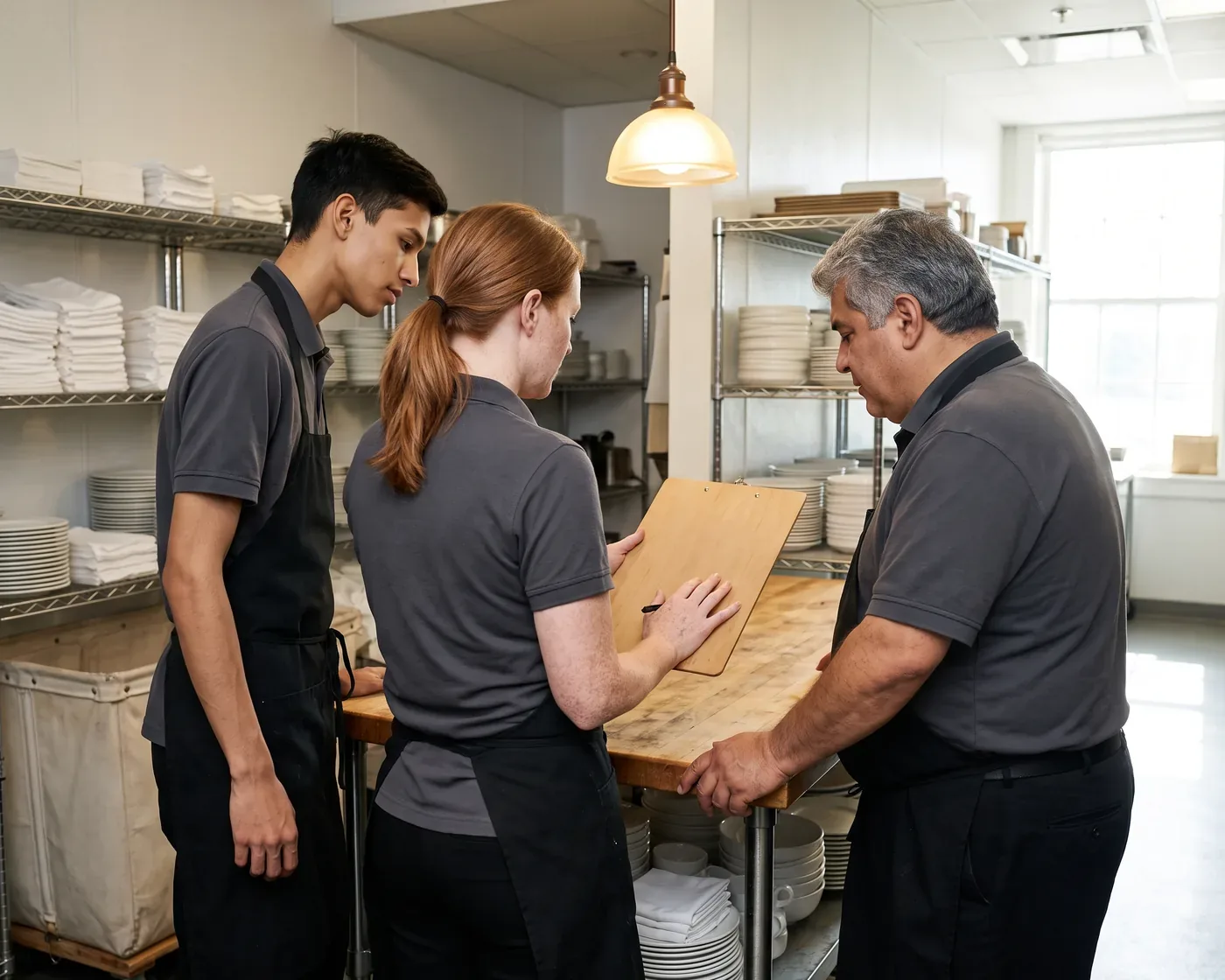 Three workers in grey polos and black aprons standing round a timber counter in a service pantry reading a clipboard together, shelves of folded napkins and stacked china behind them
