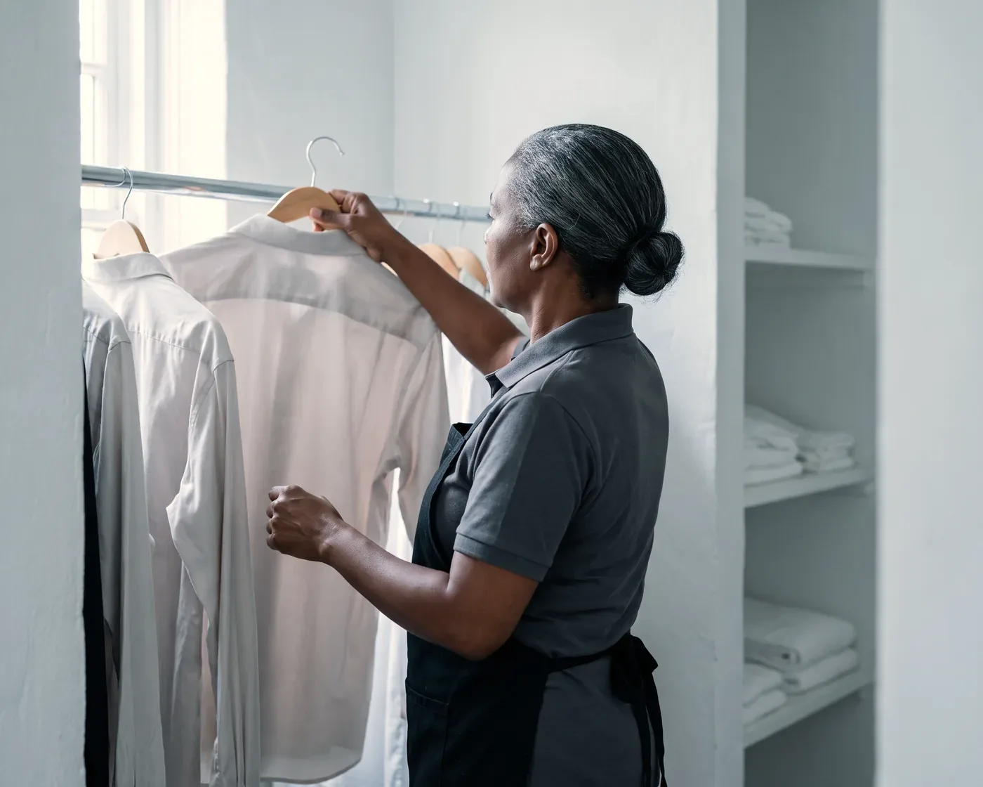 A woman in a grey polo and black apron lifting a pressed pale shirt on a wooden hanger down off a rail in a white uniform room, daylight from a window on the left, folded white linen on the shelves beside her